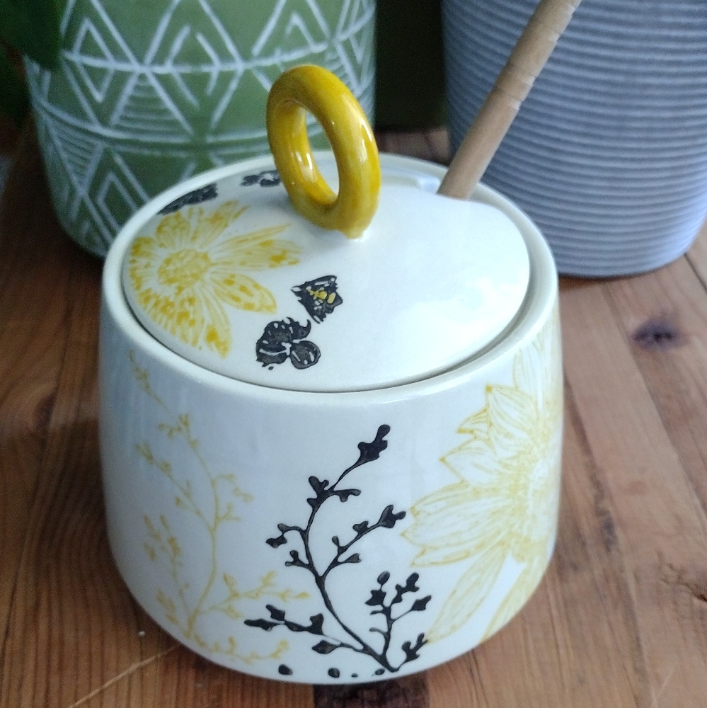 Floral Ceramic Honey Or Sugar Bowl with Lid - Yellow and Black